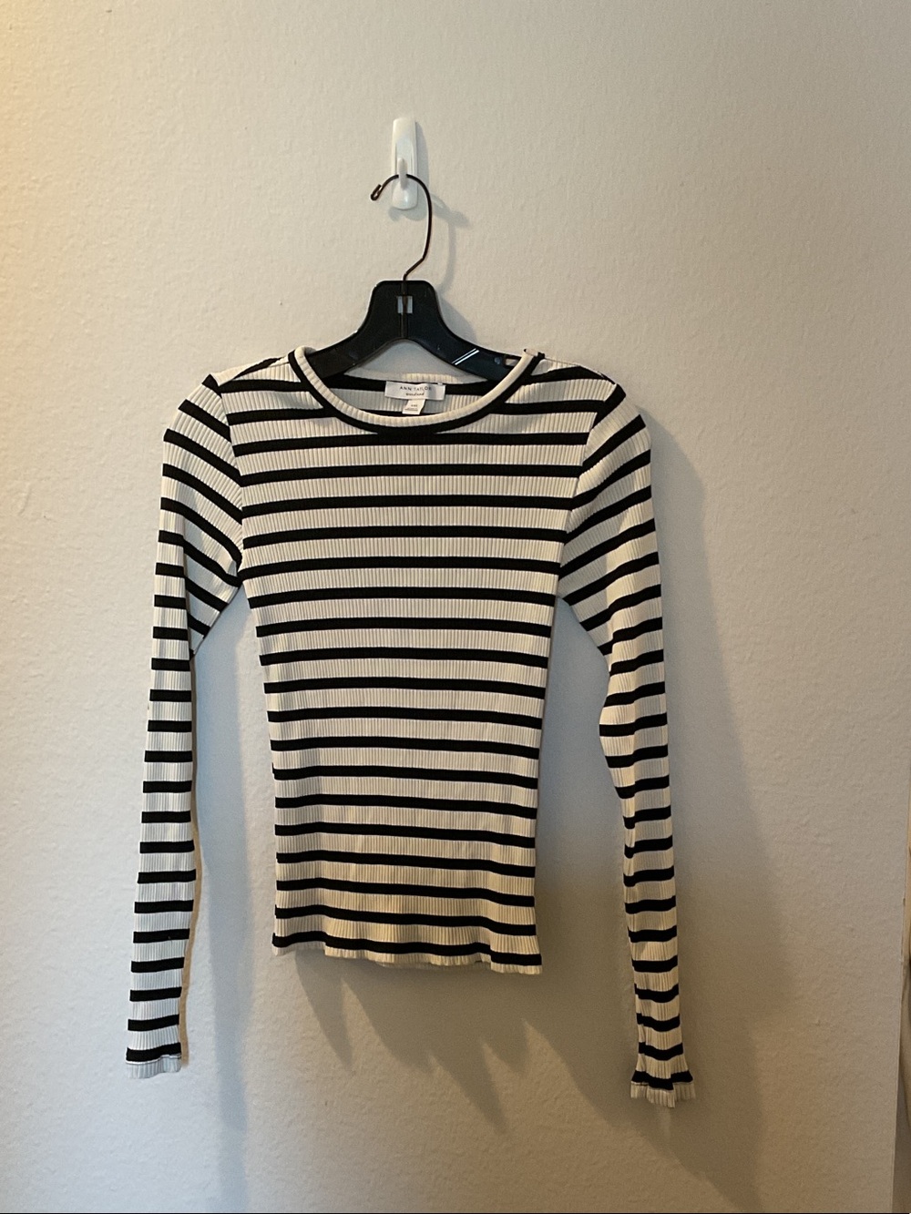LOFT Black and White Striped Ribbed Long Sleeve Top